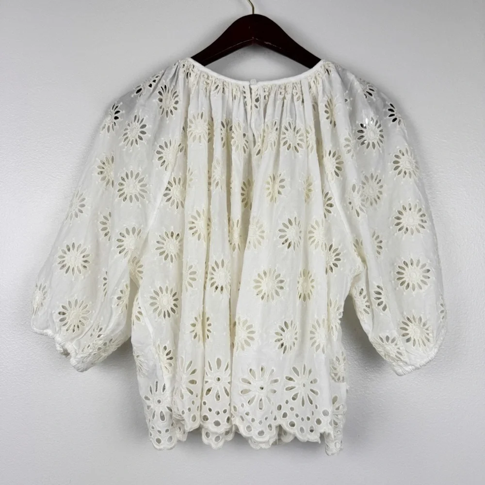 Madewell Embroidered Floral Cutouts Cotton Puff-Sleeve Top Cream Size M NWT